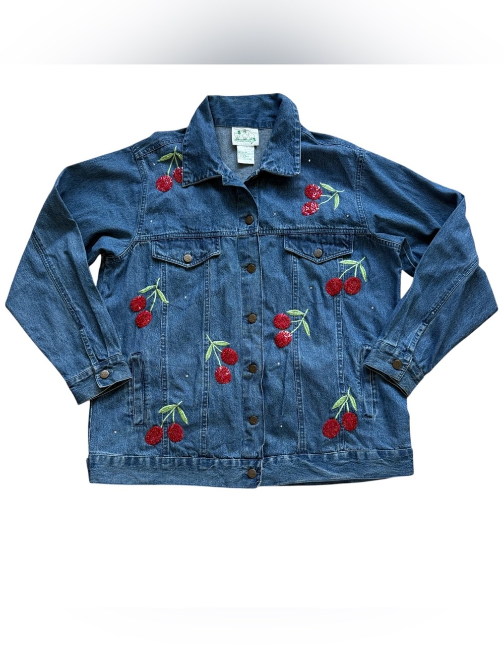 Vintage Quacker Factory L Cherry Sequin Denim Jacket Embroidered Y2K Coquette